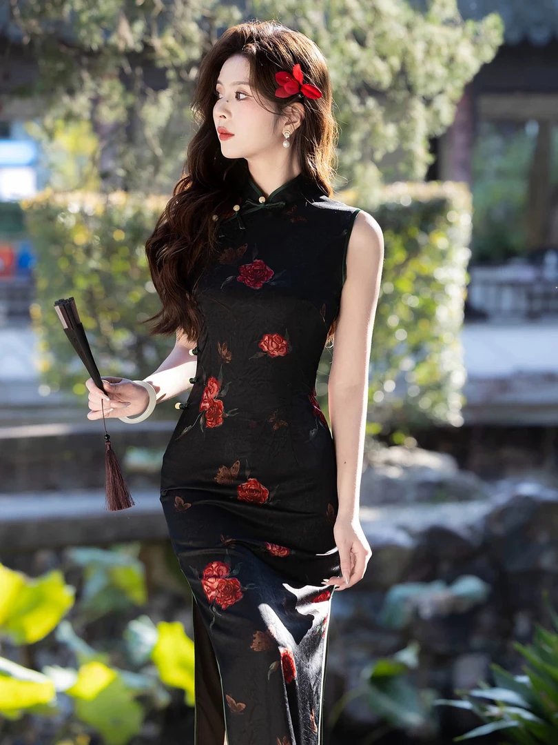 V-3136 薄颜玫瑰 软锦提花 无袖 夏款年轻款改良旗袍120cm长款