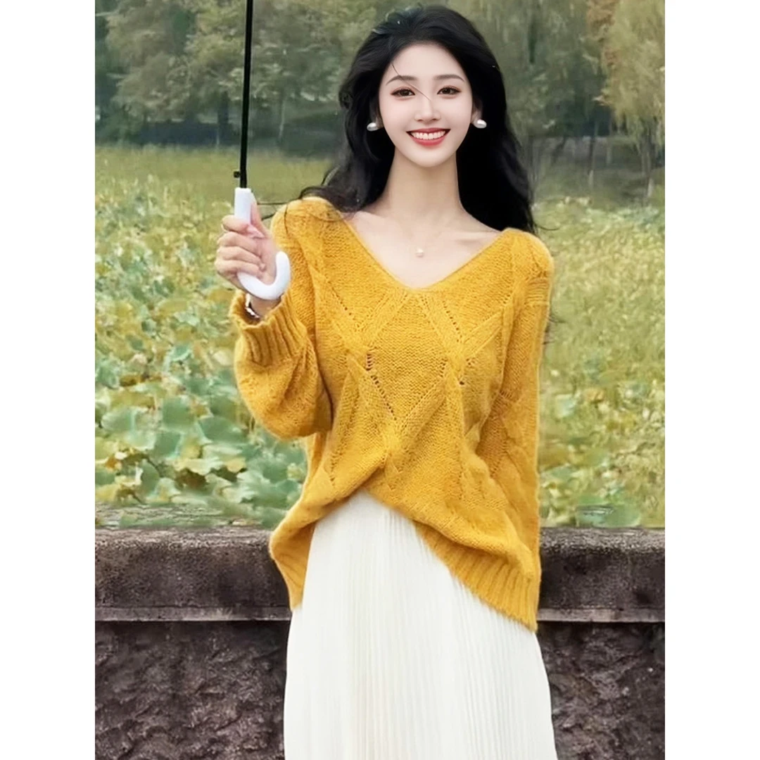 早秋韩系v领慵懒风长袖针织衫女2025新款爆款秋季毛衣超好看上衣