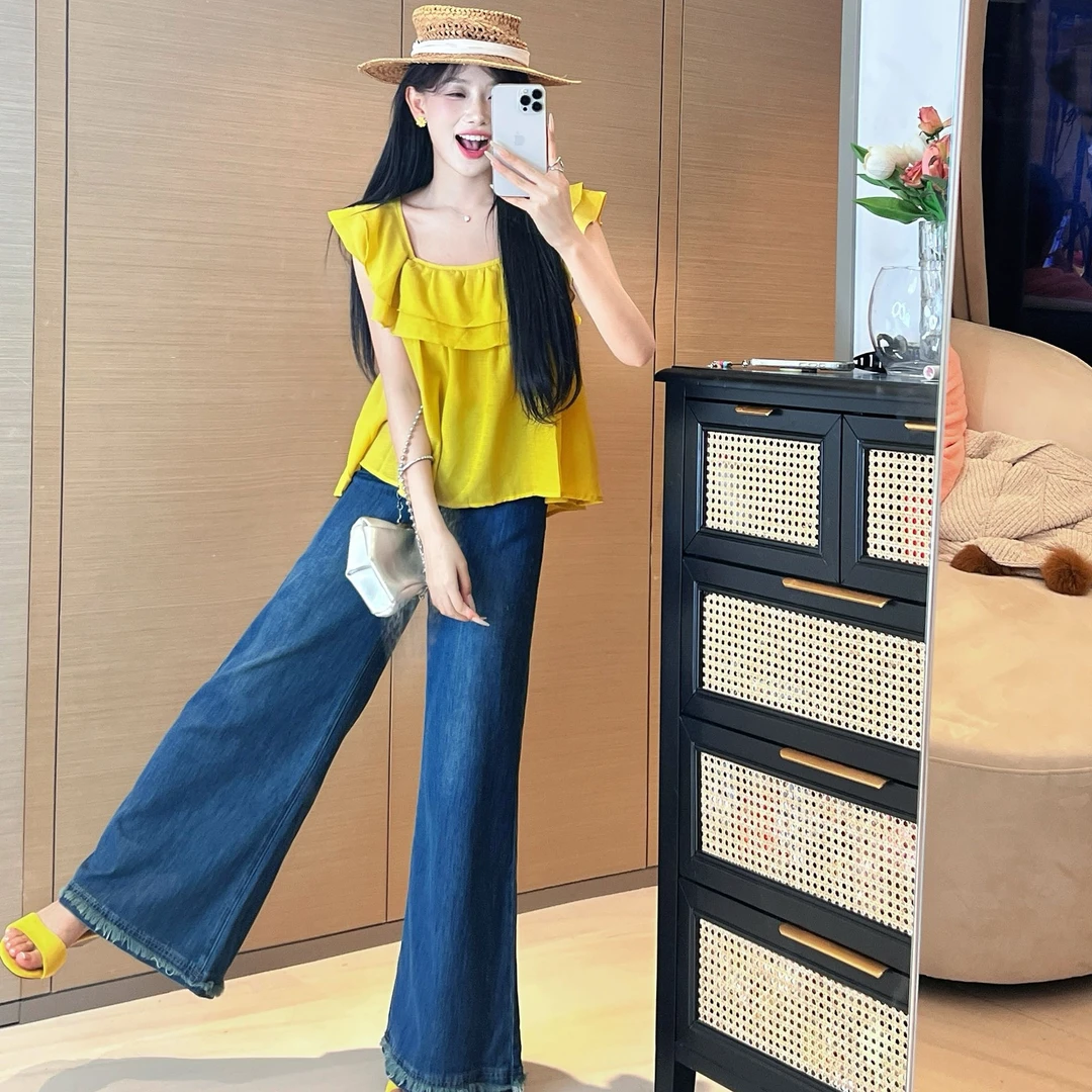 陈六六CHENLIULIU【摩登街头】时髦高腰毛边牛仔阔腿裤