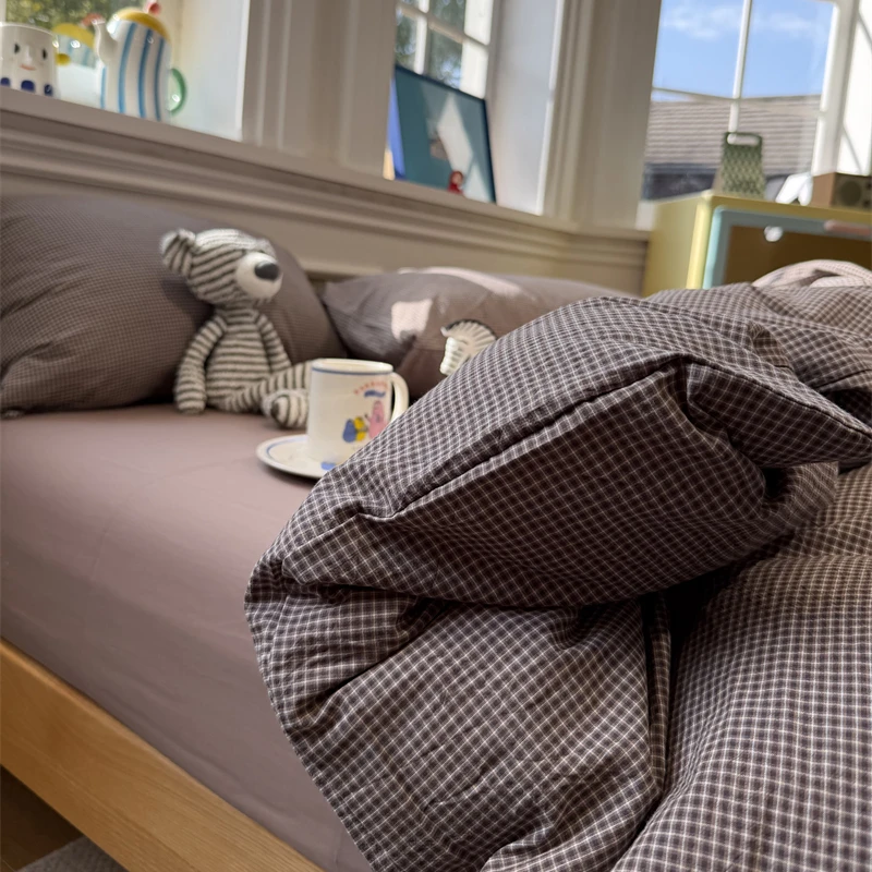 易安阁ins风水洗棉简约复古棕格床上四件套全棉1.5m1.8米三件套