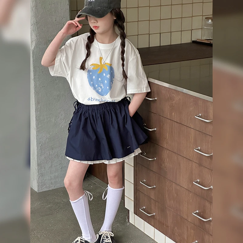 女童夏季纯棉T恤女孩中大童蓝色草莓T洋气百搭宽松学生韩版短袖