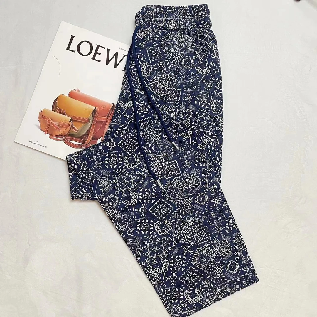 夏季薄款纯棉碎花裤 复古蓝青花 女士高档宽松休闲显瘦百搭休闲裤