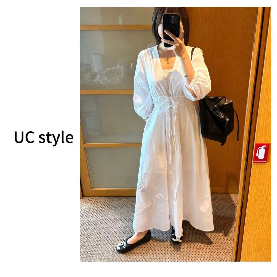 A8076大V领抽绳短袖连衣裙主播穿S码