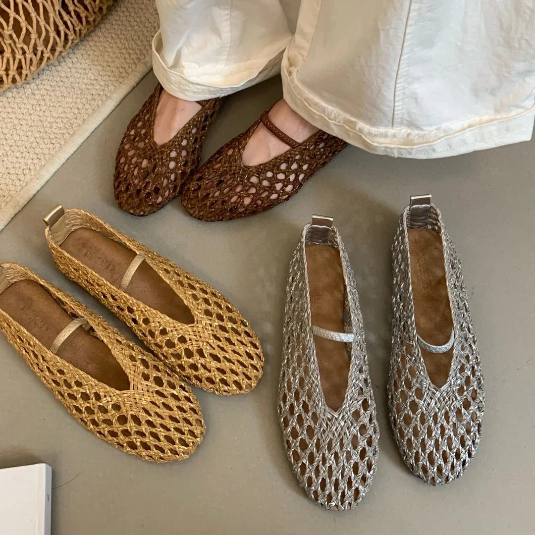 韩版单鞋浅口夏季见外包装凉鞋镂空编织软底平底（偏大一码）