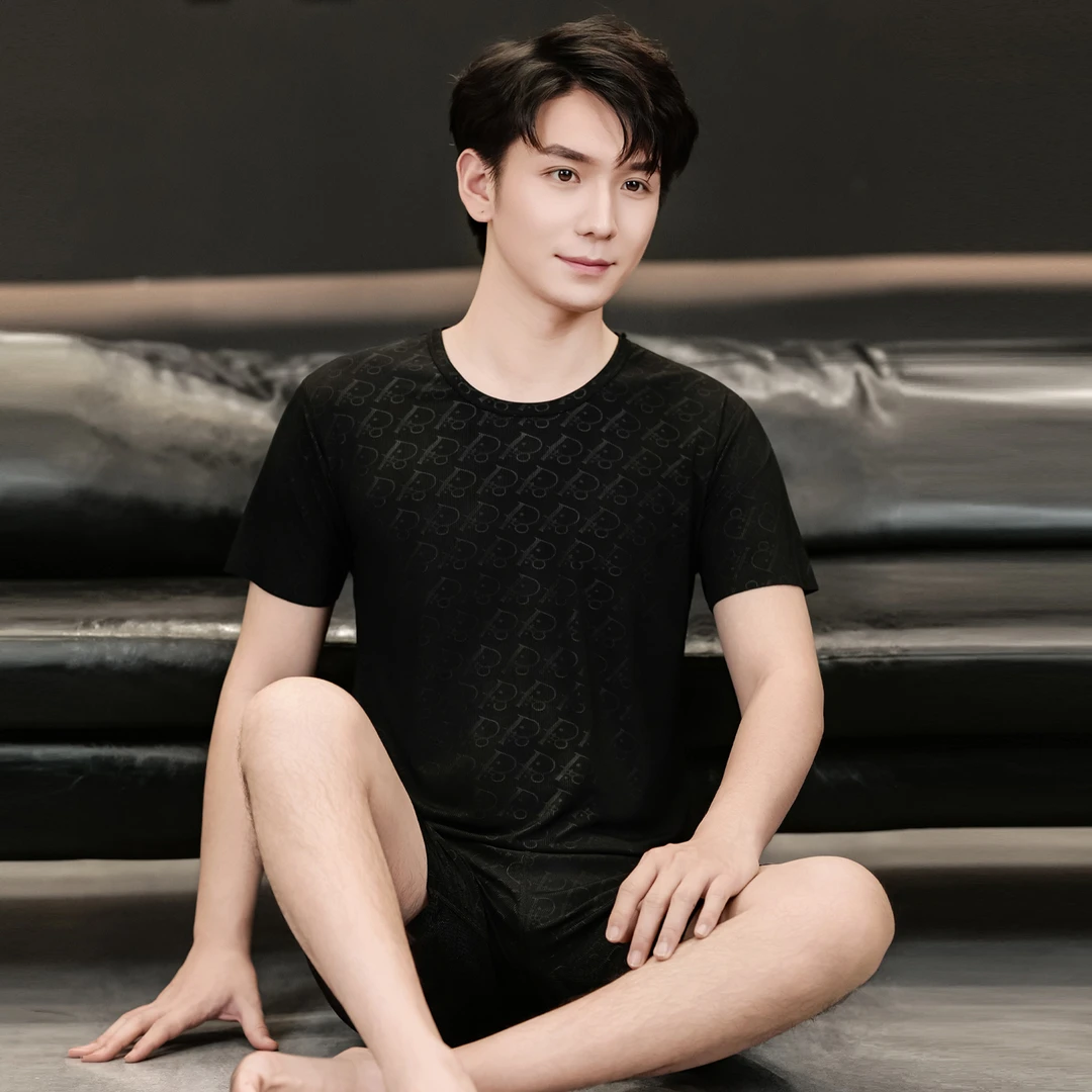 黑色圆领男士睡衣夏季薄款莫代尔短袖短裤休闲大码宽松凉感家居服