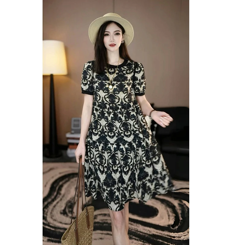 【亚姐】新款印花连衣裙显瘦时尚收腰夏季中长款气质韩版裙子