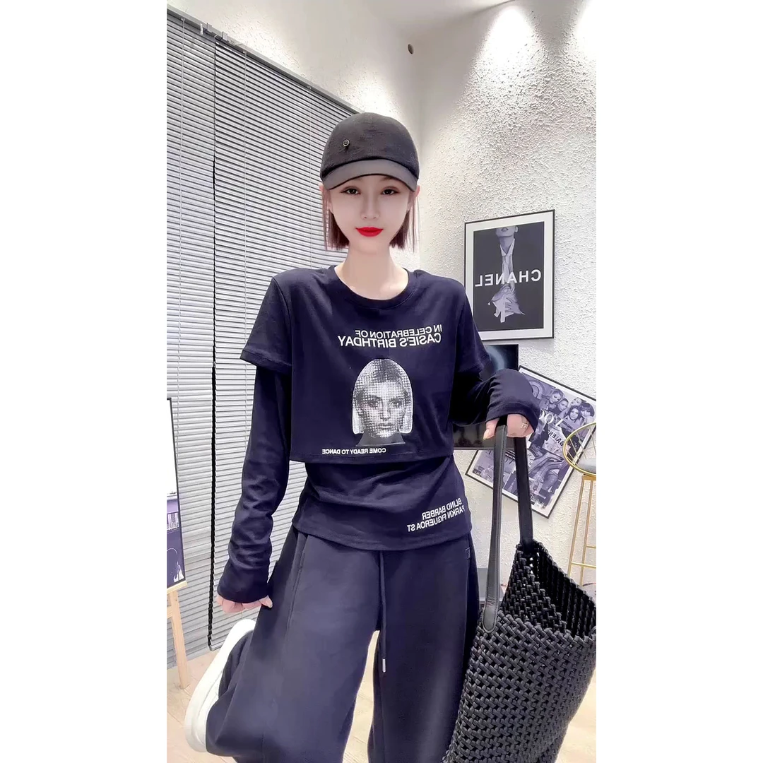 秋季新款宽松复古人物字母印花打底衫设计感假两件长袖T恤