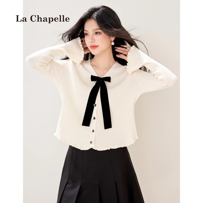 拉夏贝尔秋装针织衫女开衫小香风V领蝴蝶结外搭韩版燕尾长袖上衣