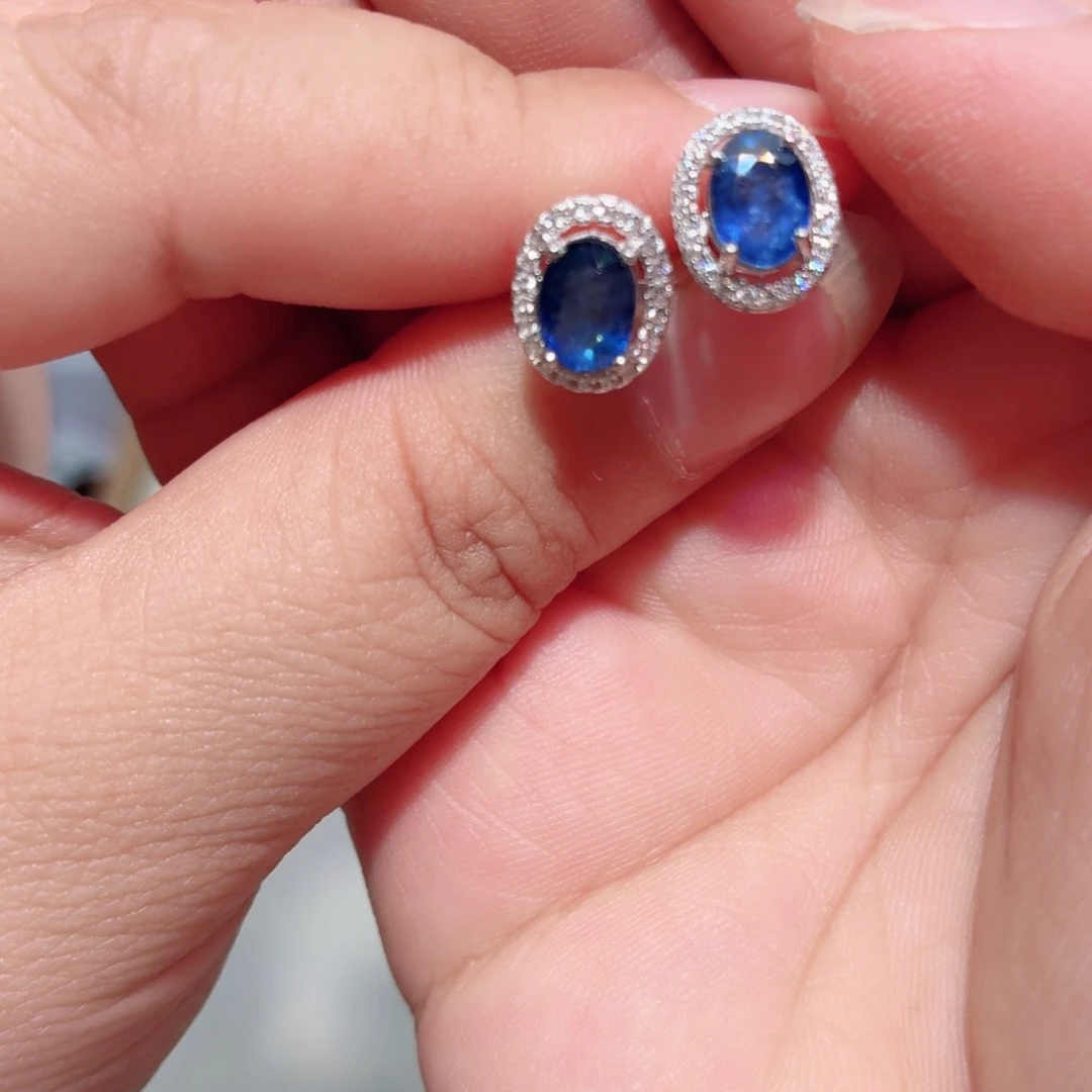 蓝宝石耳饰银S925镶嵌支持复检