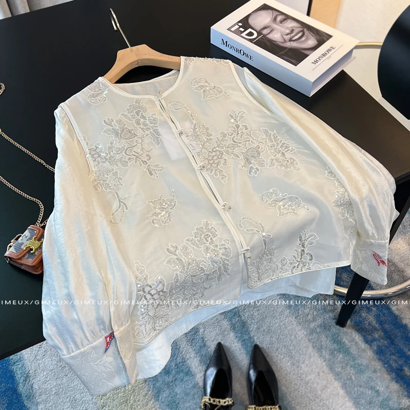 新中式国风套装女2025夏季新款重工亮片刺绣马甲搭配长袖轻薄衬衫