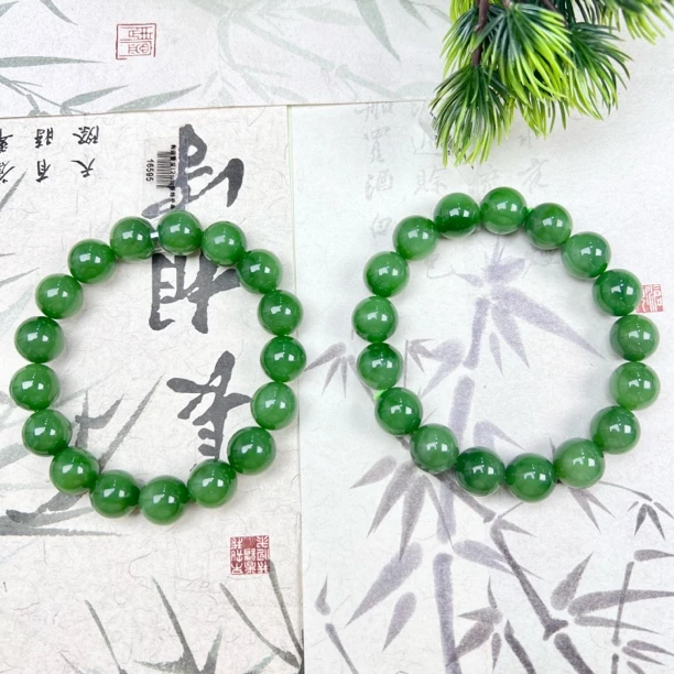 YWF254和田玉碧玉粉绿圆珠手串12mm+多样性发其一