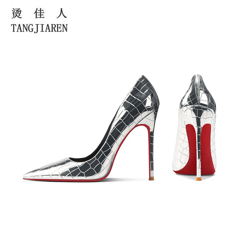 2025年时尚新款鳄鱼纹银色高跟鞋女细跟浅口欧美气质红底尖头单鞋