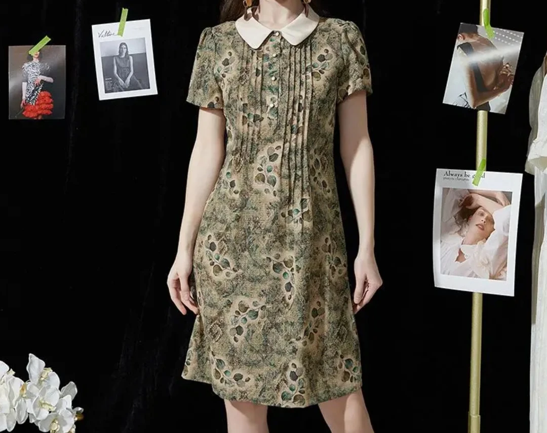 T1595显瘦直筒中裙连衣裙女装夏复古怀旧套头短袖D14