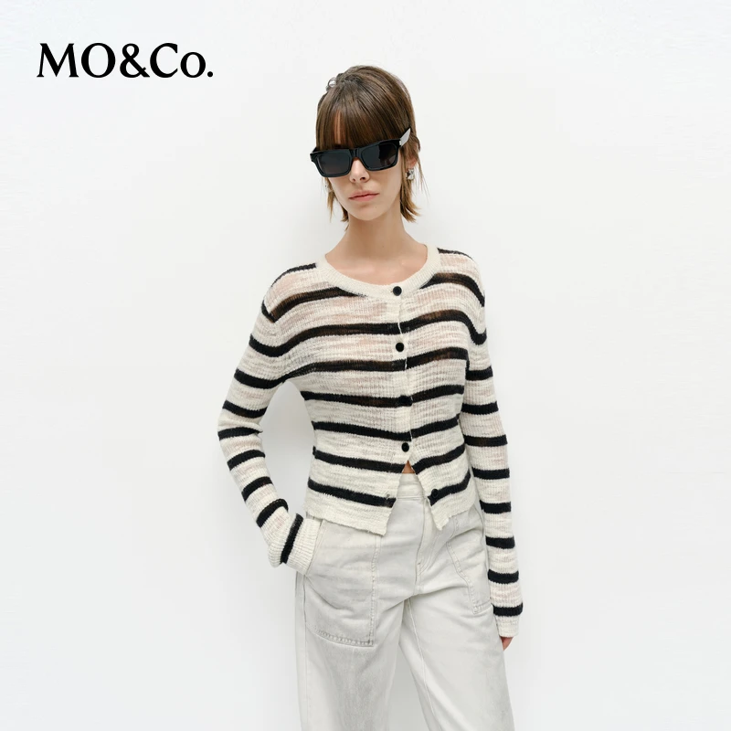 【陈嘉尔专属】MOCO针织衫开衫2025春含亚麻竹节肌理通透MBE1CAR037