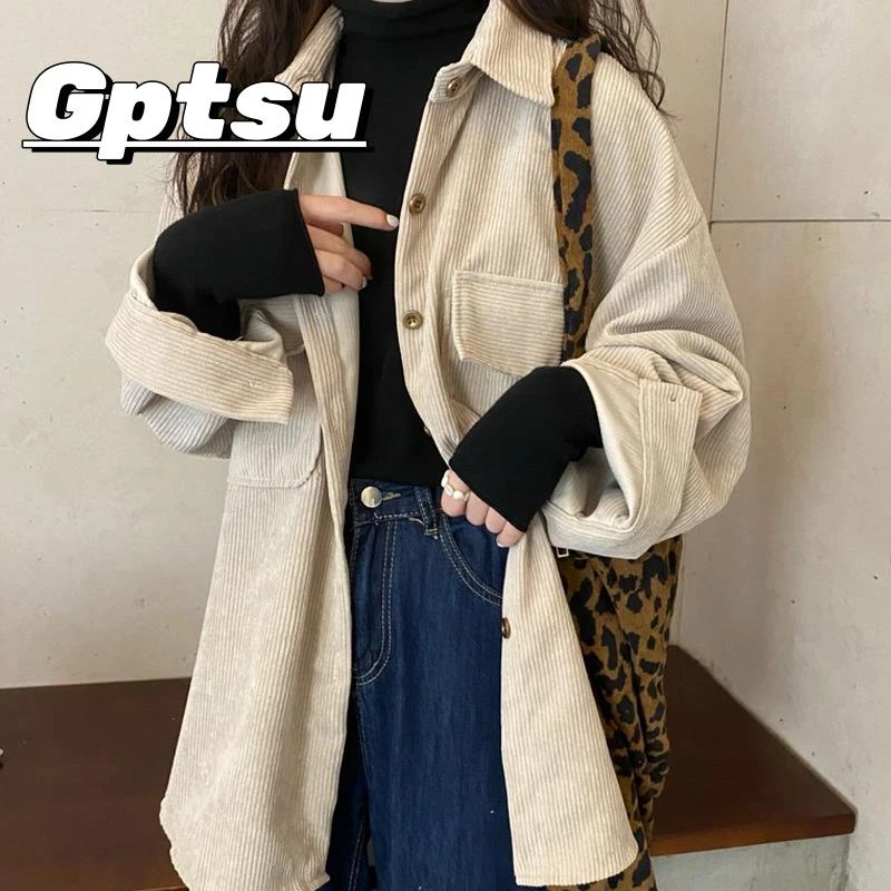 GPTSu复古港式灯芯绒衬衫女式宽松中长上衣秋冬新款百搭外衫夹克