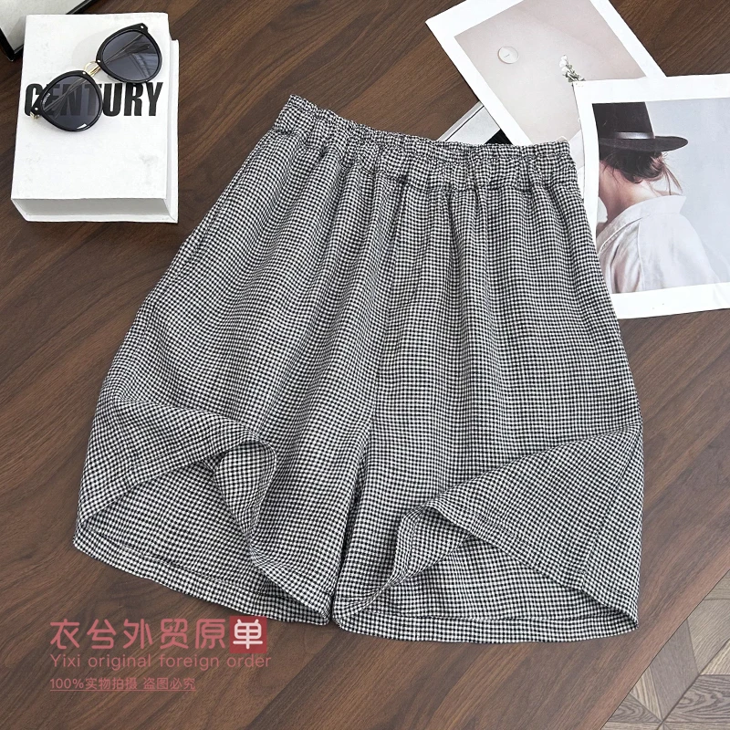 （亚麻黑白小格短裤）99270夏季百搭松紧腰宽松显瘦休闲短裤W