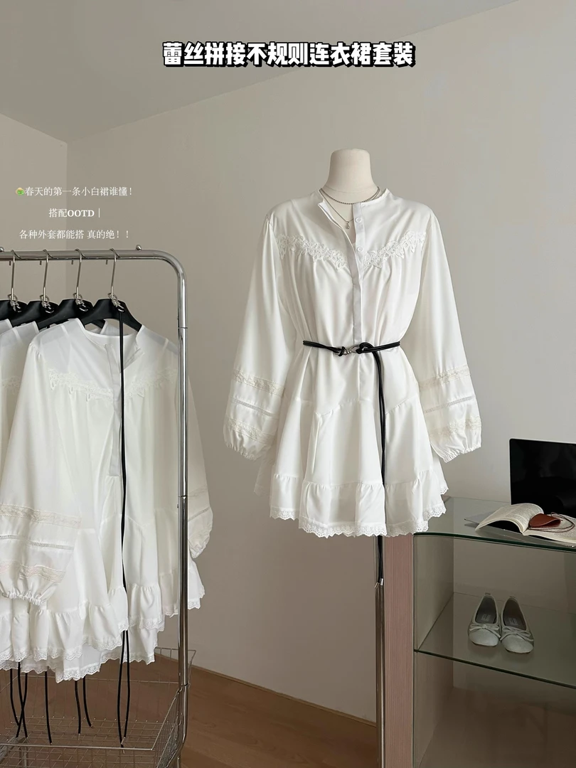 【花海野餐记】显瘦气质长袖白色白色夏季小众收腰设计感温柔连衣裙