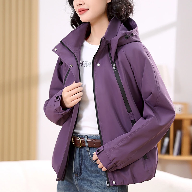 紫色外套女2025秋季新款小个子宽松休闲百搭连帽工装短款风衣