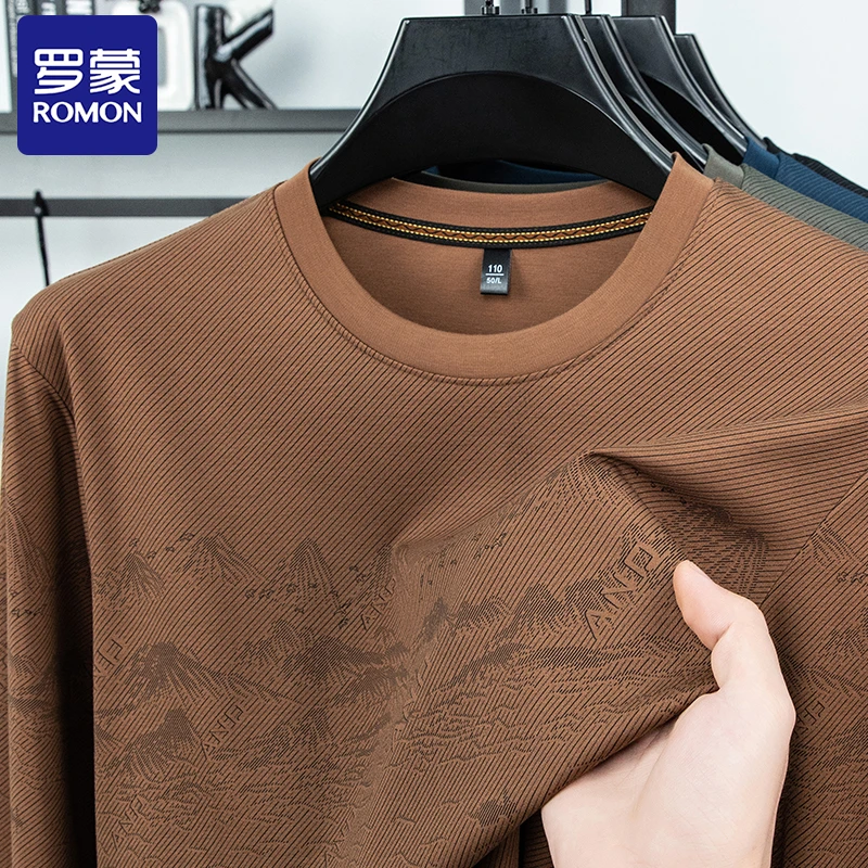 Romon/罗蒙秋季新款长袖T恤男士时尚休闲潮流亲肤圆领男装长袖T恤