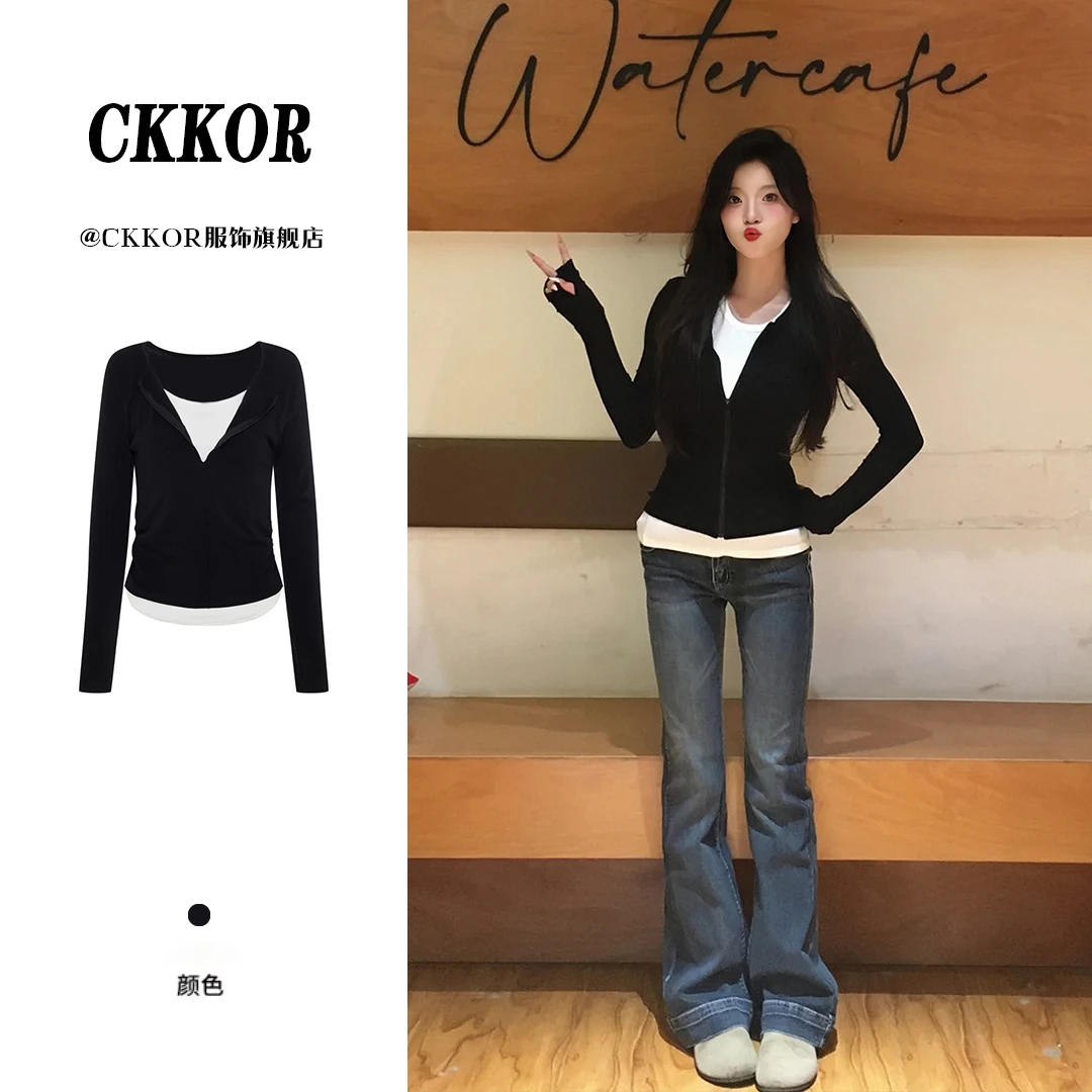 CKKOR美式辣妹拼接正肩长袖t恤女修身显瘦百搭纯欲风氛围感毛衣