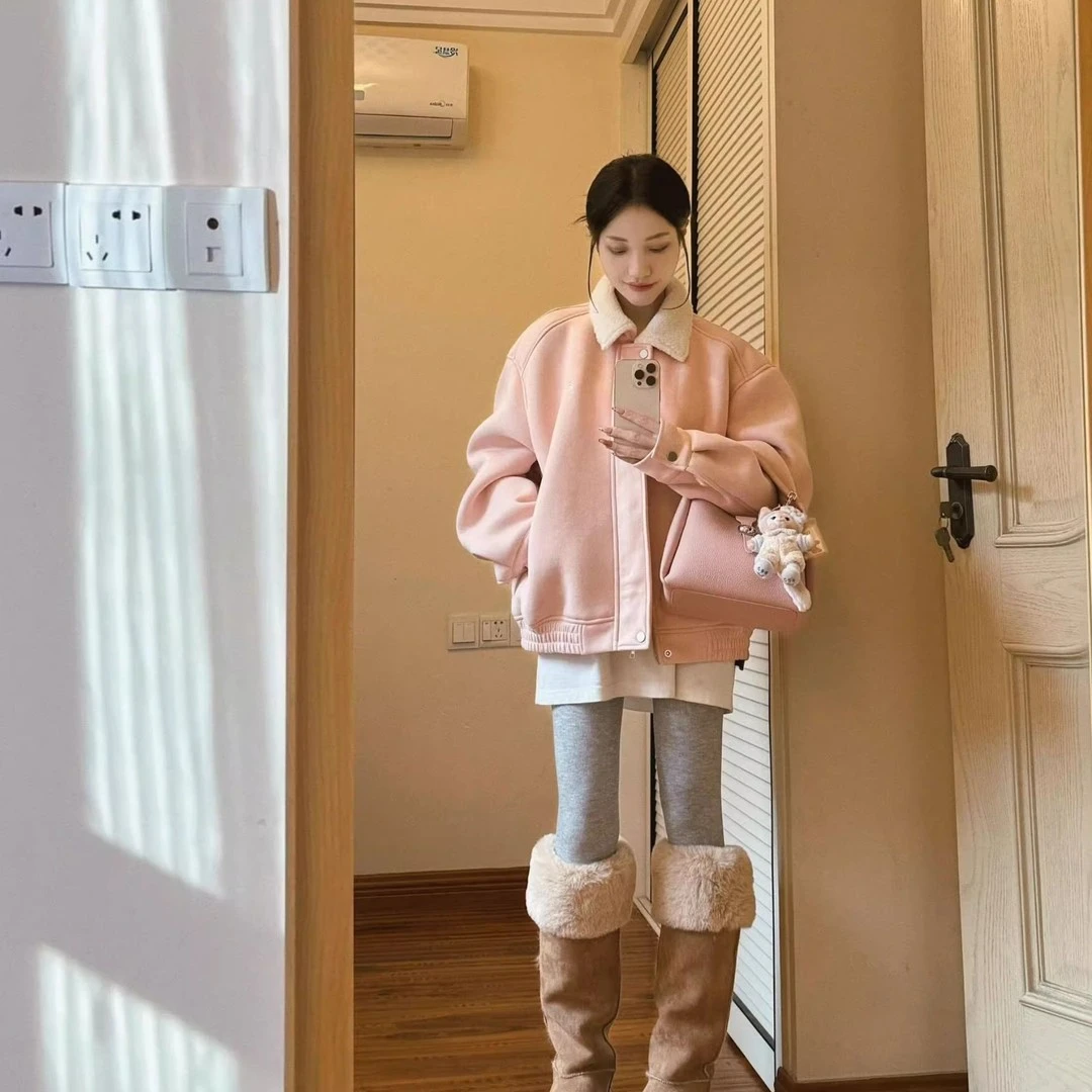 粉色棒球服外套女2025年秋冬季新款小众翻领夹克宽松加厚长袖上衣