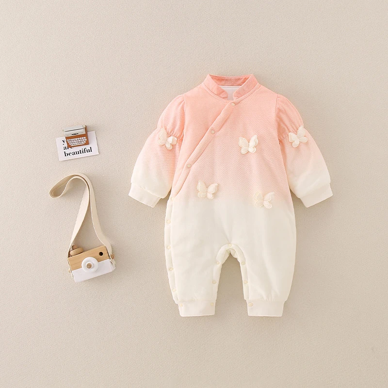新款120克夹棉婴童连体衣蝴蝶结爬服新生儿爬服渐变婴童宝宝爬服