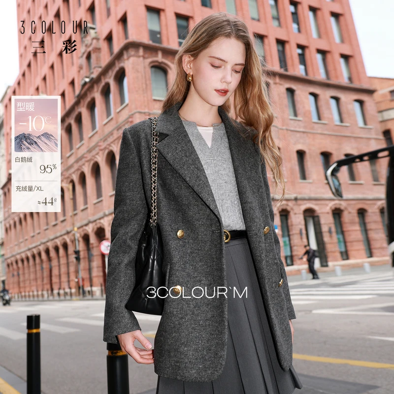 【95白鹅绒】三彩2025冬季新款中长鹅绒服压胶直充西装式洋气羽绒服