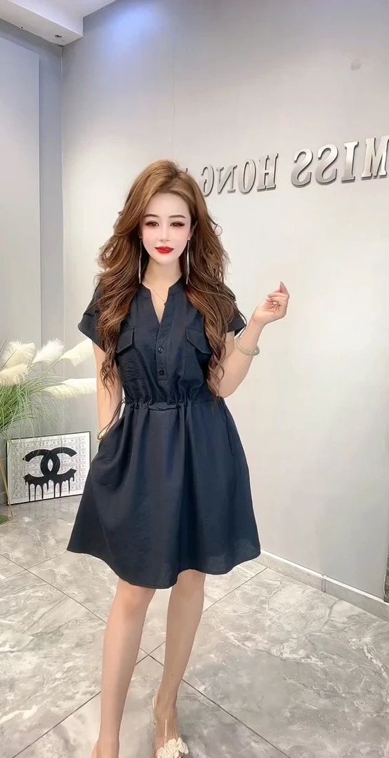 夏季静奢风系带绳收腰显瘦气质女士中长款衬衫式连衣裙黑色