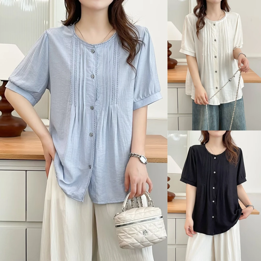 复古减龄微胖mm大板型加宽加大花边拼接大码女装短袖衬衫衬衣上衣