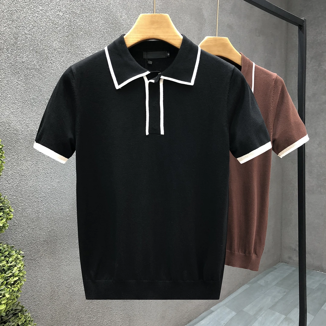 郎的轻商务高端翻领薄款短袖毛衣男潮牌冰丝针织衫t恤外穿半截袖