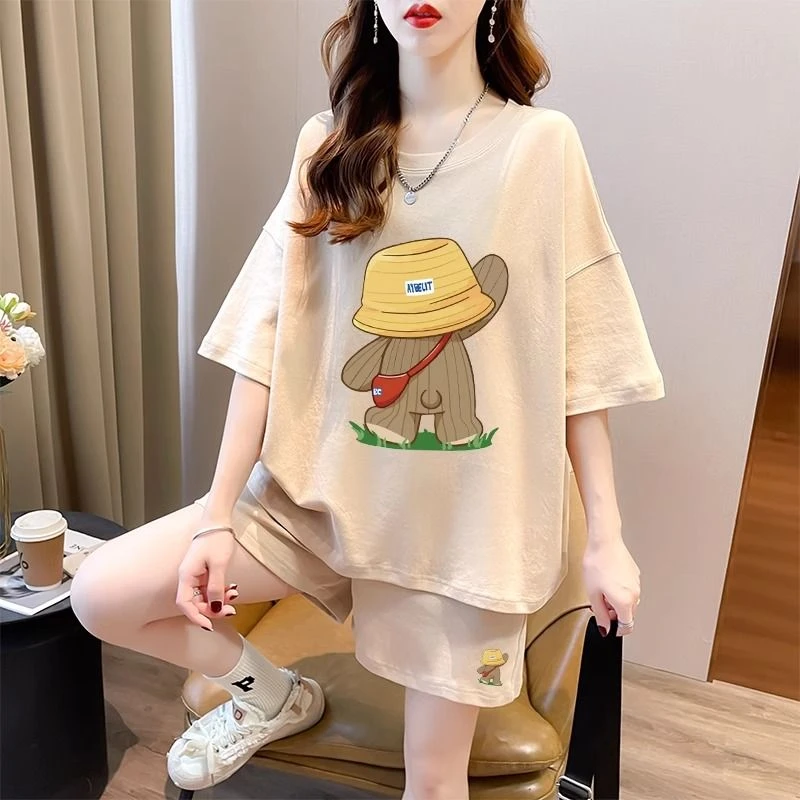 大码休闲运动短袖短裤两件套装夏季纯棉2025新款小个子一整套穿搭