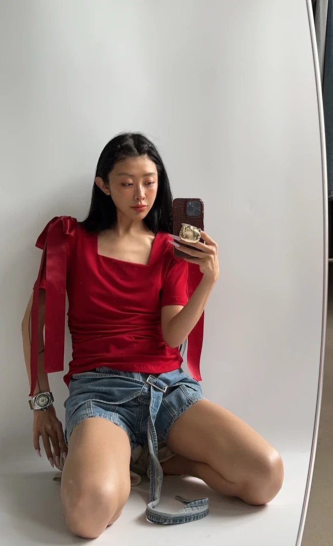 VIVISPLENDID20660#（定制款NO退NO换）妮式穿搭蝴蝶结显瘦T恤