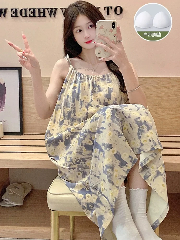 吊带睡裙女款夏季2025新款带胸垫甜美中长款裙子可外穿睡衣家居服