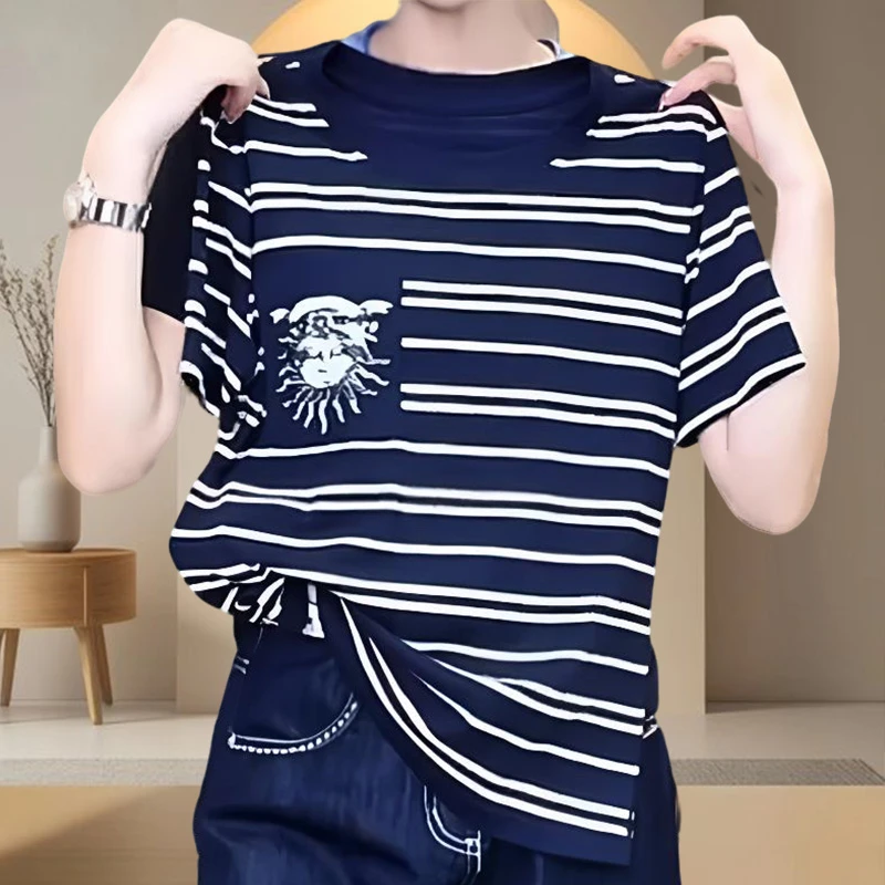 2025夏季新款撞色条纹正肩t恤短袖胖mm宽松大码显瘦休闲上衣ins