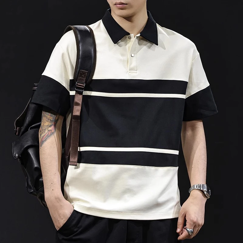 撞色条纹POLO衫男士短袖t恤宽松大码夏季2025新款高端男装体恤潮