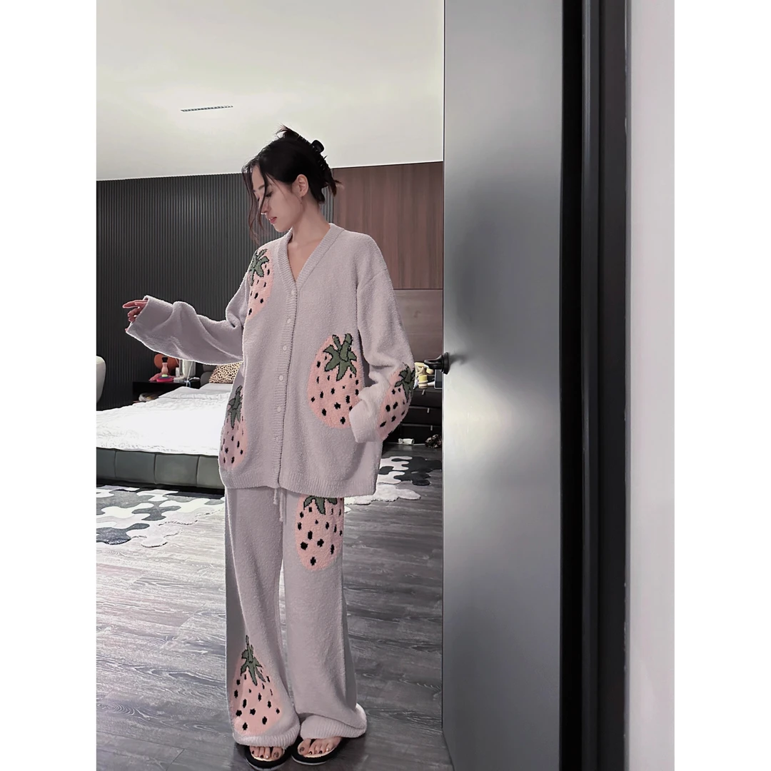 半边绒睡衣女款秋冬季2025新款草莓针织开衫休闲家居服套装可外穿