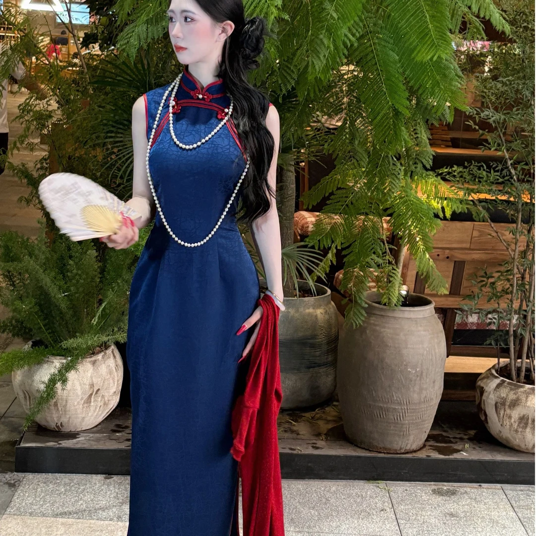 LHMknk1画报夫人原创自制国风古法仿龟裂纹夏季日常旗袍 蓝红良人