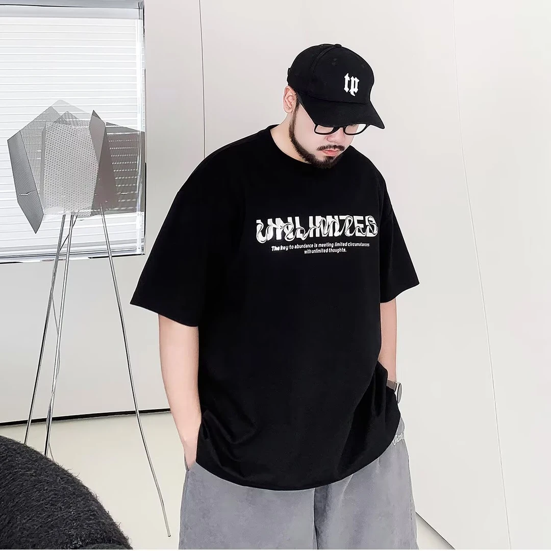 纯棉潮流百搭短袖字母加大加肥夏季印花男士T恤上衣男装通用圆领