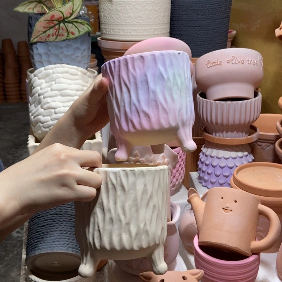 13×14三脚树纹（白+彩）粗陶2个