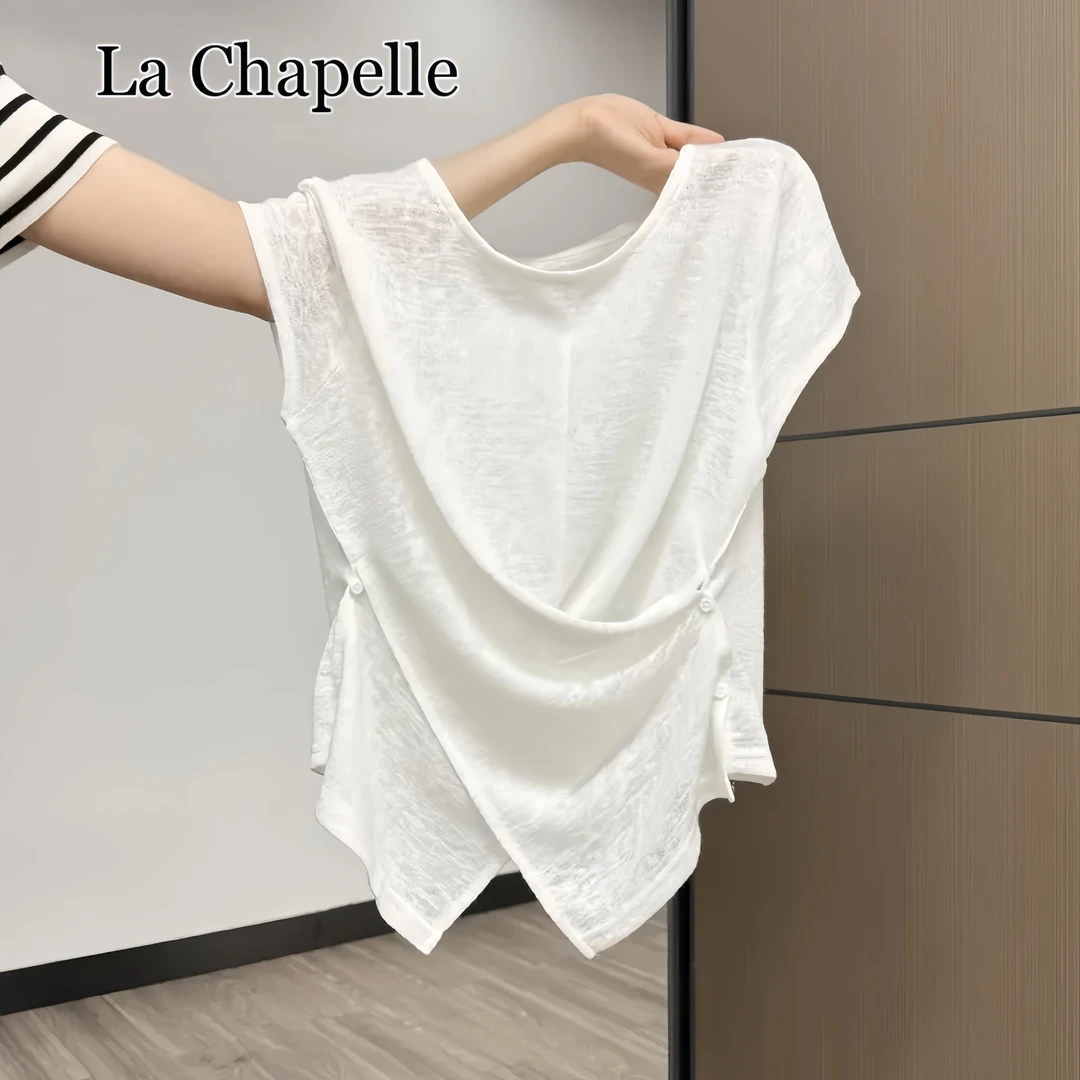 SM潮流 洋气衣服女时尚纽扣圆领短袖T恤女秋季新款褶皱修身上衣