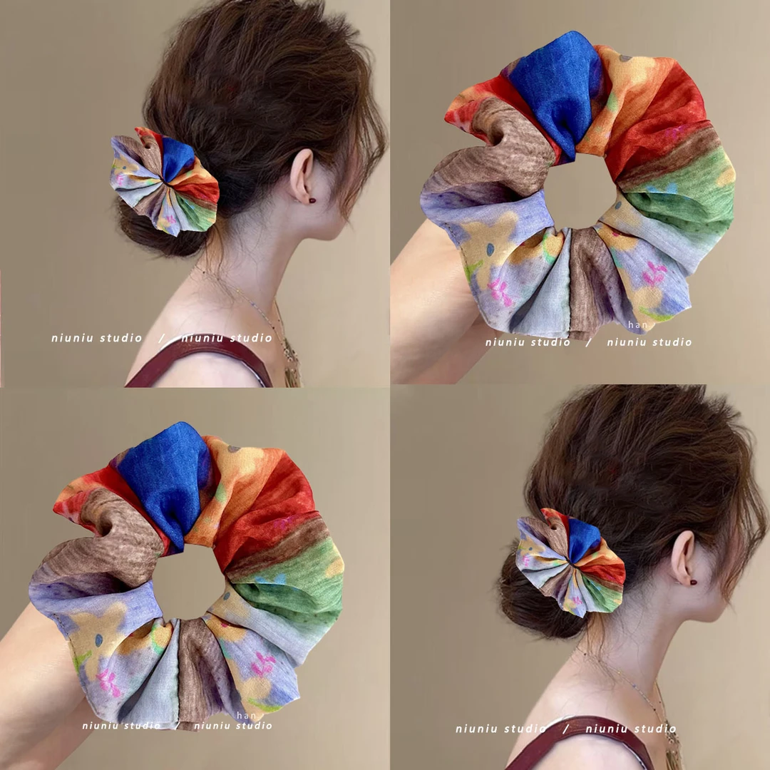 彩虹多巴胺~夏天彩色晕染油画风大肠发圈高颜值丸子头发绳发饰女!