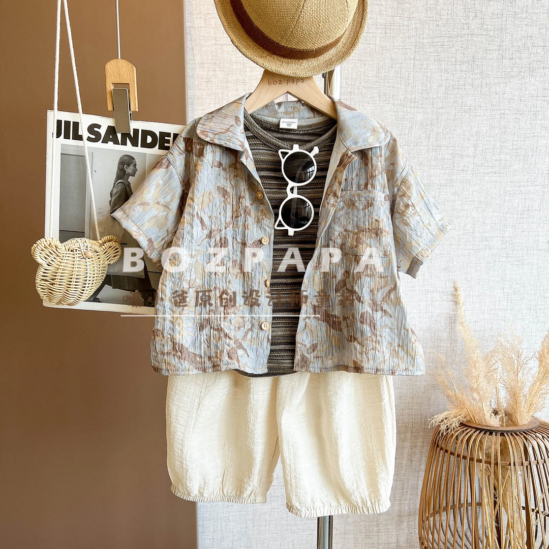 现货啵小爸【影像诗】2025夏季男童韩系休闲印花褶皱设计感衬衫