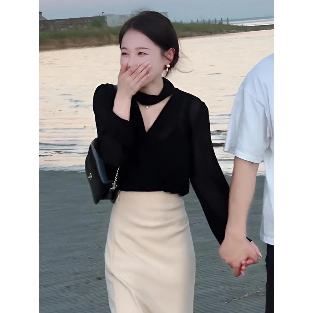 法式V领黑色衬衫女2025早春新款轻奢高级感衬衣时尚气质通勤上衣
