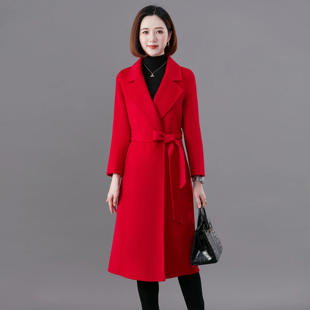 减龄羊毛大衣女款2025新款冬加厚红色双面羊绒高级感呢子外套气质