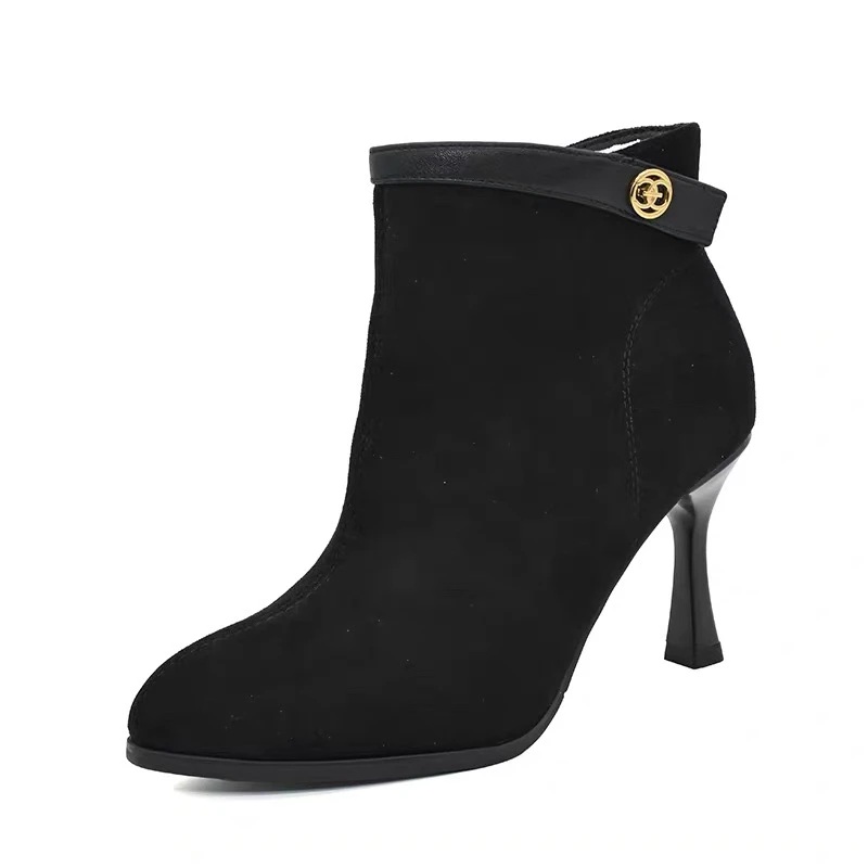 时装靴女冬季新款1035时尚休闲高跟细跟尖头舒适加绒短靴24D