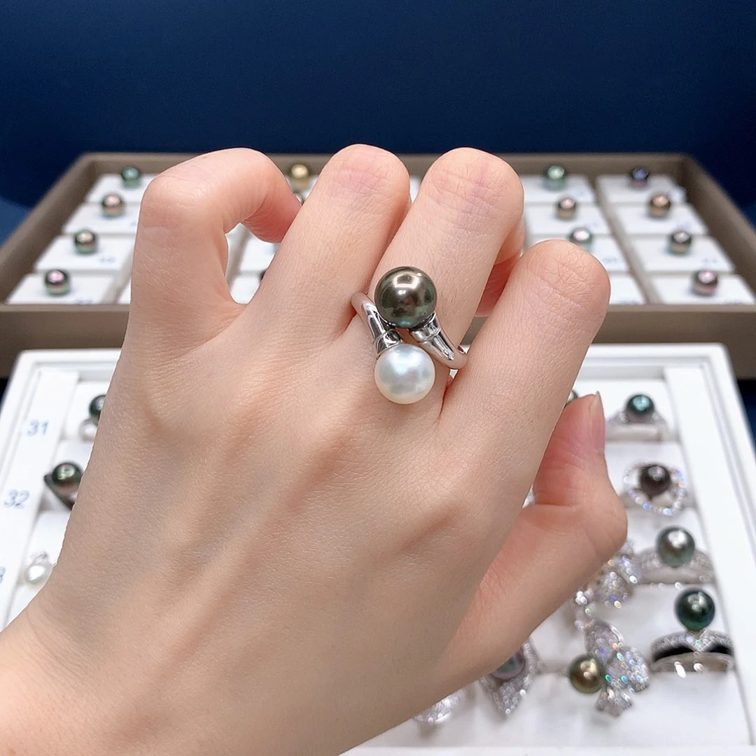 银S925镶嵌戒圈海水珍珠大溪地澳白双珠戒指