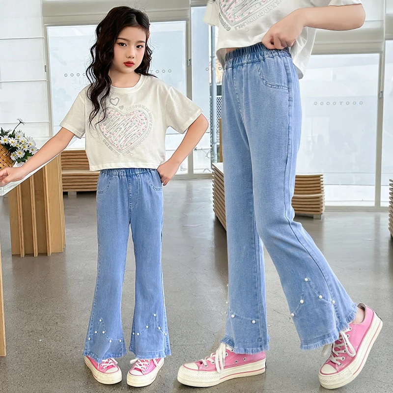 女童裤子牛仔喇叭裤夏装2025新款中大童洋气韩版微喇裤弹力裤薄款