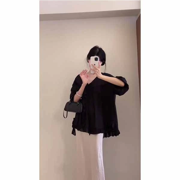 法式木耳边V领长袖衬衫女夏款慵懒宽松气质百搭显瘦上衣长裙套装