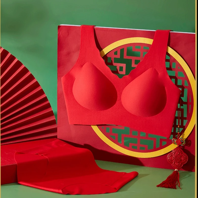 浪莎三撇杯喜庆红色内衣套装美背女士无痕睡眠大胸显小文胸罩