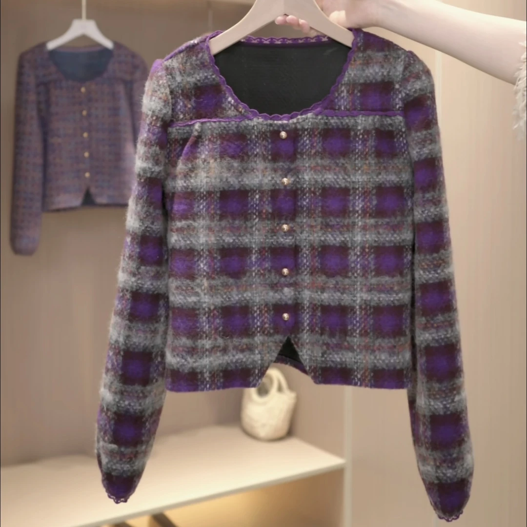 【大脸哈】2025秋冬新款高级感格子时尚蕾丝圆领长袖女打底衬衫上衣